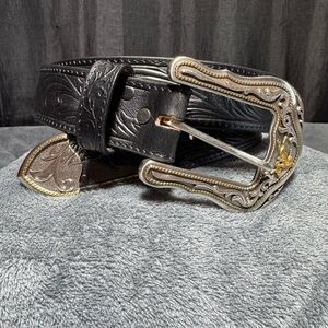 Tony Lama Black Leather Belt with ornate Bronco Buckle